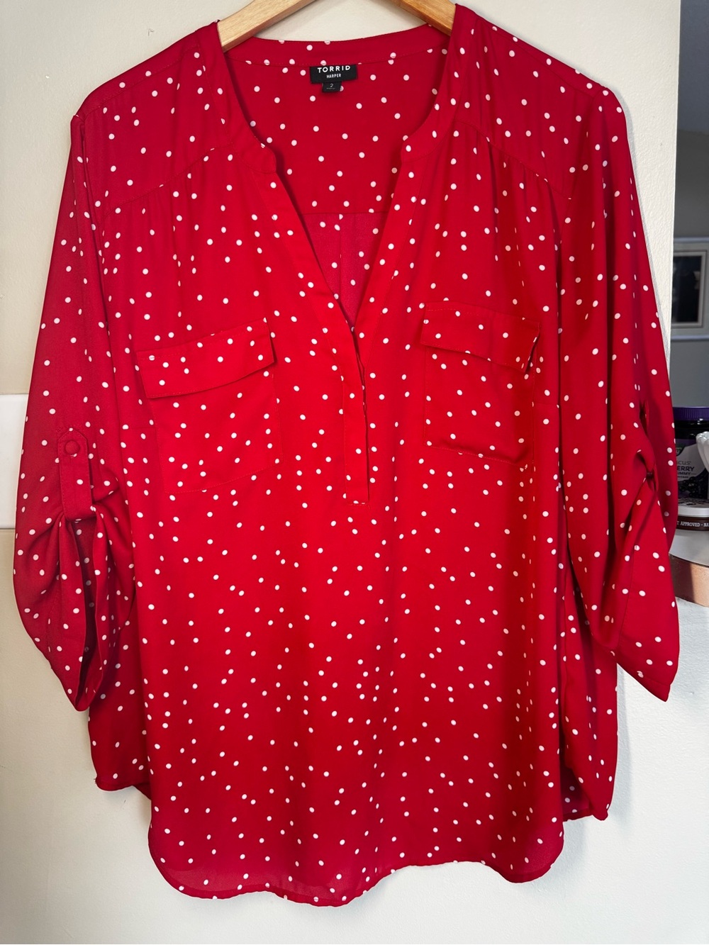 Torrid Harper Red/White Polka Dot V-Neck Roll Tab 3/4 Sleeve Tunic Blouse 2